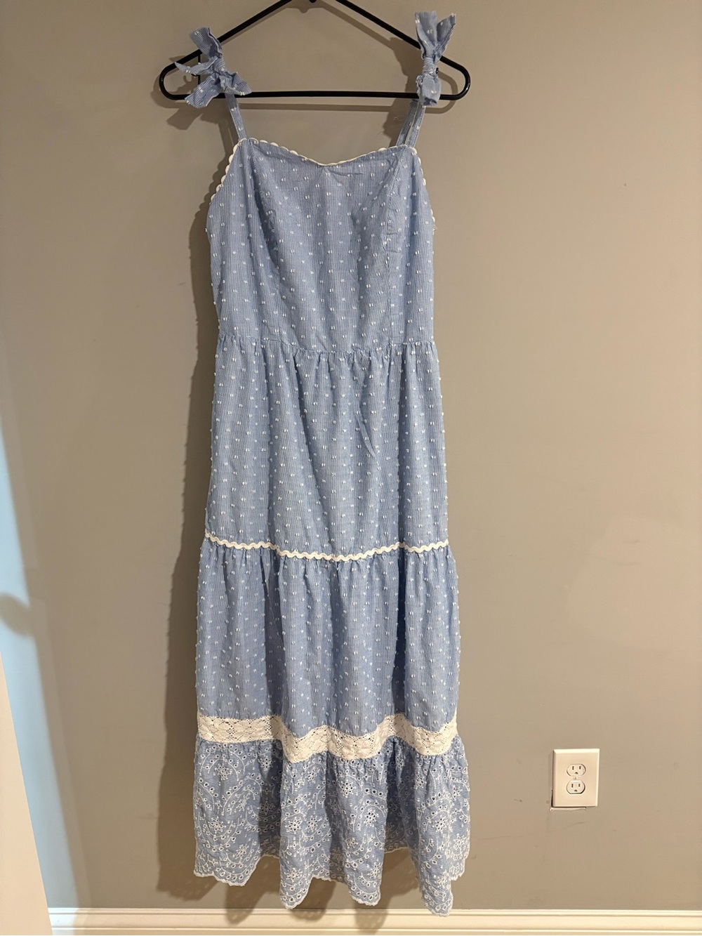 Shabby Chic Blue Swiss Dot Maxi Dress L Lace Tiered Tie Strap Cottagecore